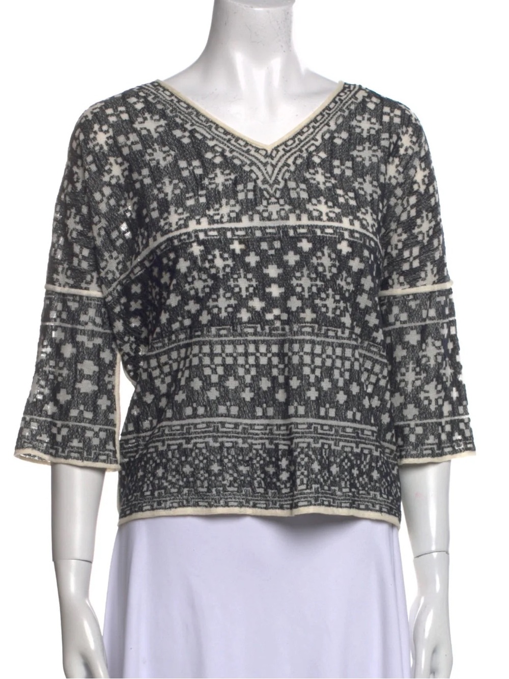 Isabel Marant Black and Cream Geometric V-Neck Boxy Tunic M